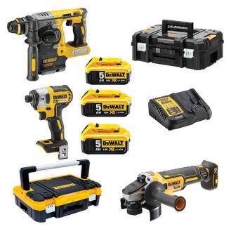 Set combo DeWalt DCK305P3T, cu masina de insurubat cu impact DCF887, ciocan rotopercutor DCH273, polizor unghiular DCG405, 3 acumulatori XR 18V 5.0Ah, incarcator, 2 cutii de transport TSTAK
