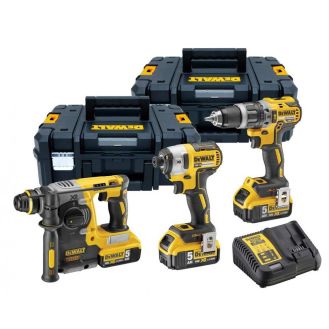 Set combo DeWalt DCK368P3T: ciocan rotopercutor DCH273, masina compacta de gaurit cu percutie DCD796, surubelnita cu impact DCF887, 3 acumulatori Li-Ion 18V 5.0Ah, incarcator, 2 cutii de transport TSTAK II