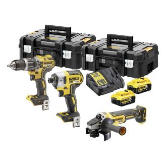 Set combo DeWalt DCK384P2T: masina de insurubat cu impact DCF887, masina de gaurit si insurubat cu impact DCD796, polizor unghiular DCG405, 2 acumulatori Li-Ion 18V 5Ah, incarcator, 2 cutii de transport TSTAK