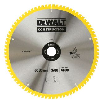 Disc Dewalt DT1184 pentru fierastrau circular, D 305x30x2.41 mm, 80 dinti, pentru taiere universala, seria Dewalt Construction