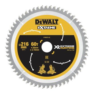 Disc Dewalt DT99570 pentru fierastrau circular, D 216x30x2.16 mm, 60 dinti, pentru taiere extra-fina, seria Extreme Runtime