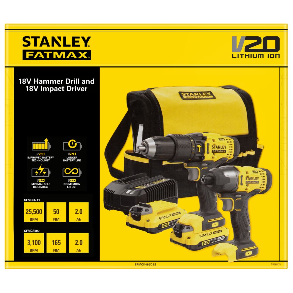 Set combinat 2 scule electrice Stanley Fatmax V20 SFMCK461D2T, 2 acumulatori 18 V / 2.0 Ah, incarcator 1,25 A, valiza PRO-STACK™ - imagine 4